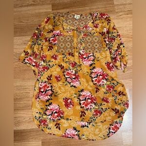 Fig And Flower By Anthropologie Women's  L Mustard Floral Top Blouse/Tunic